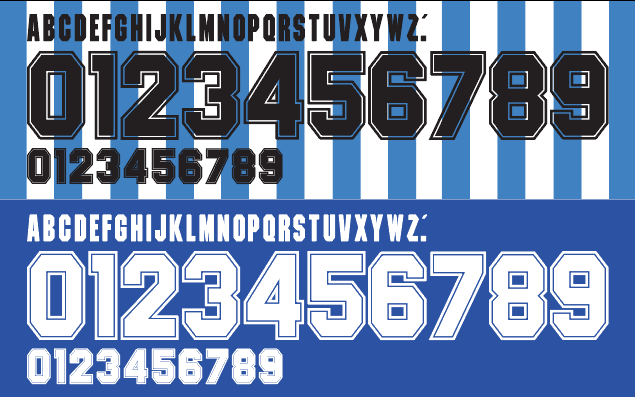 Black and white numbers and letters showing Argentina's 1994 nameset on a blue and white striped background