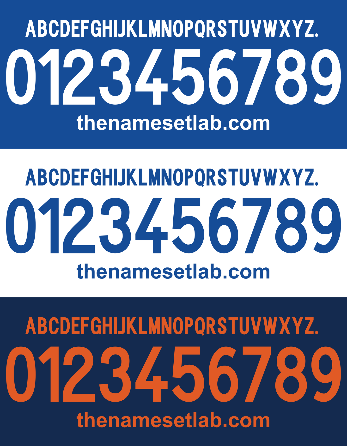 Three sets of blue and orange Brescia 2004-2005 Nameset with numbers and 'thenamesetlab.com' on a white background