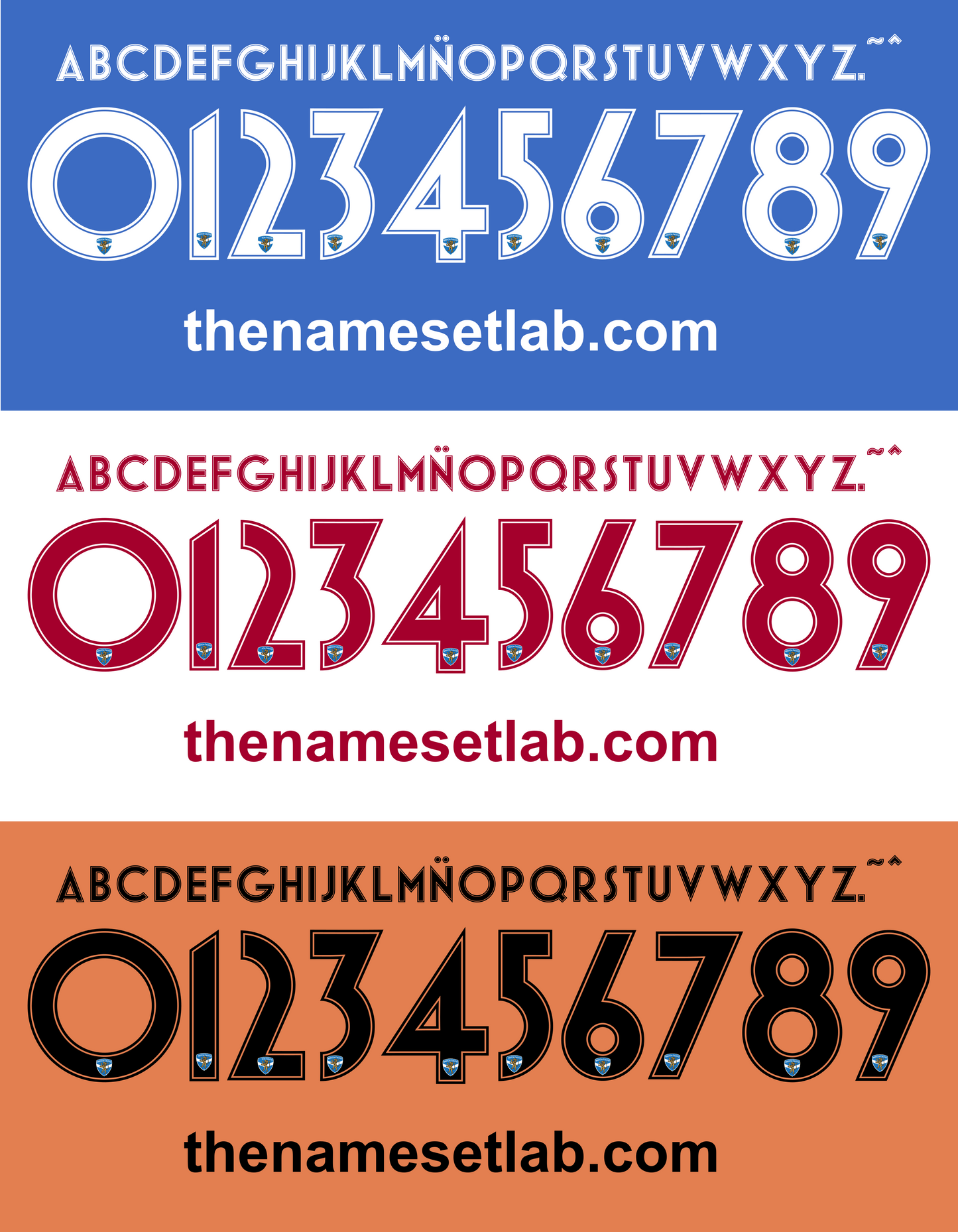 Three sets of Brescia 2012-2013 Namesets displayed on different colored backgrounds with 'thenamesetlab.com' branding.