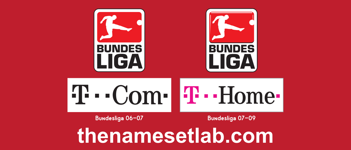 Two Bundesliga logos and two T-Com logos on a red background with text.