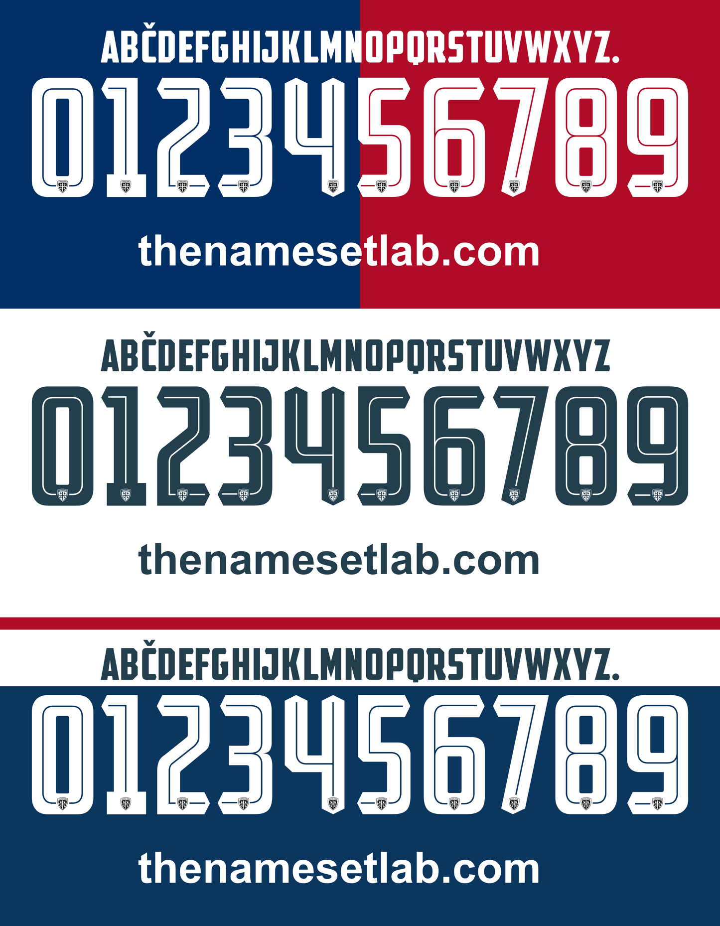 Set of Cagliari 2016-2017 Nameset letters and numbers on a red, white, and blue background with 'thenamesetlab.com' branding.