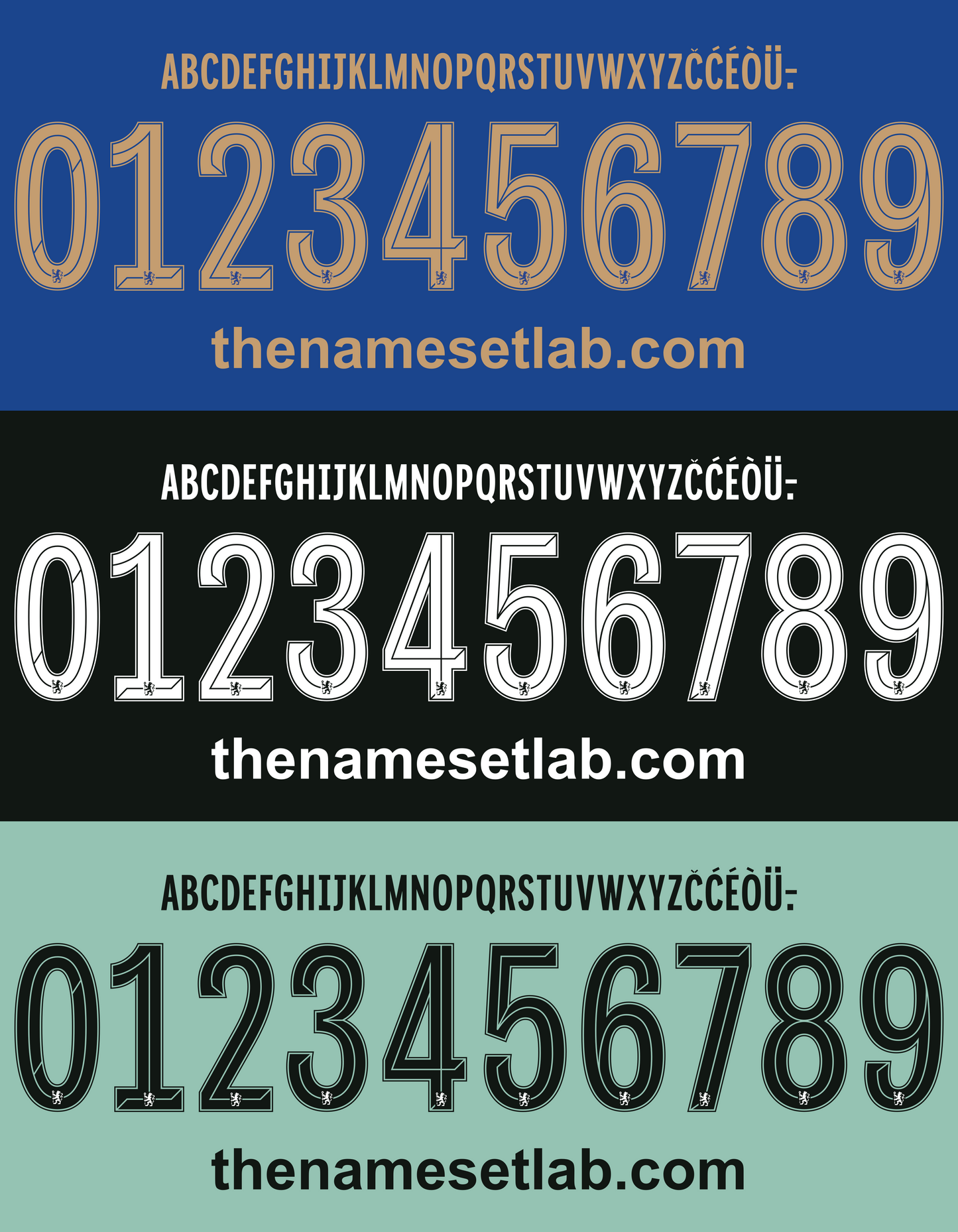 Set of stylized numbers and letters with 'thenamesetlab.com' branding on a blue, black, and green gradient background. Chelsea 2023-2024 UCL Cup nameset Classic Premier font vector design