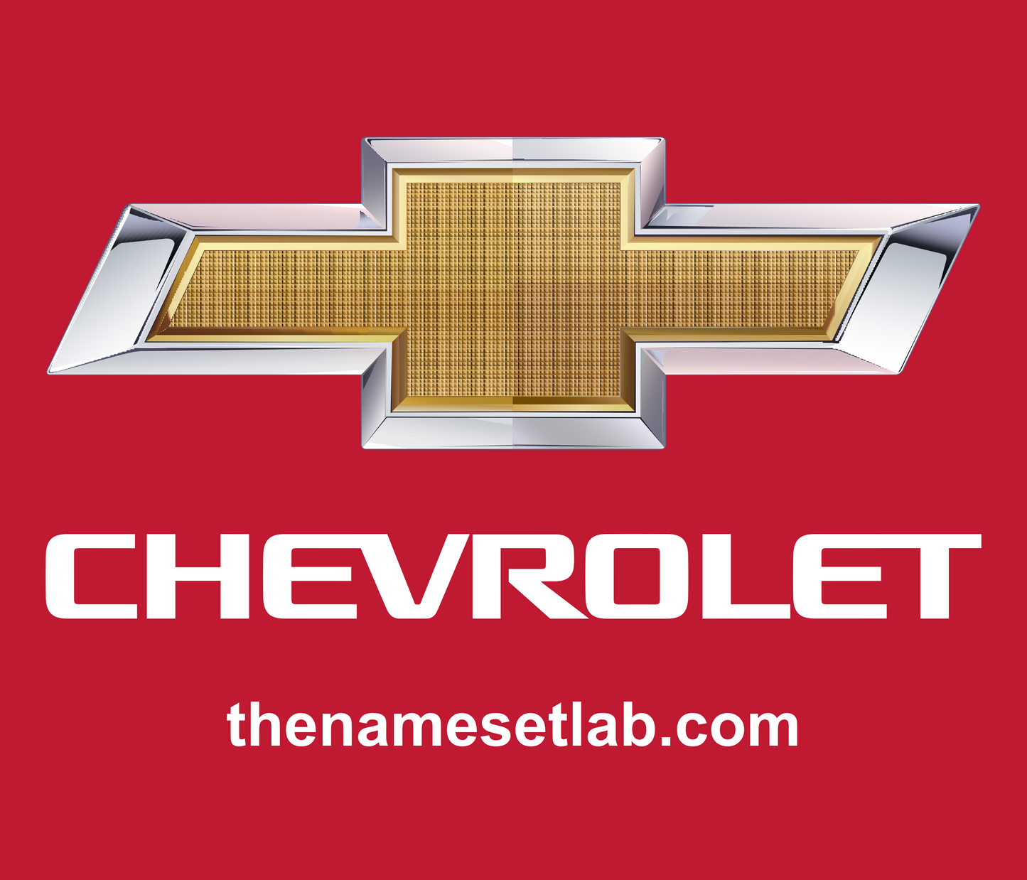 Chevrolet logo on a red background with 'thenamesetlab.com' text.