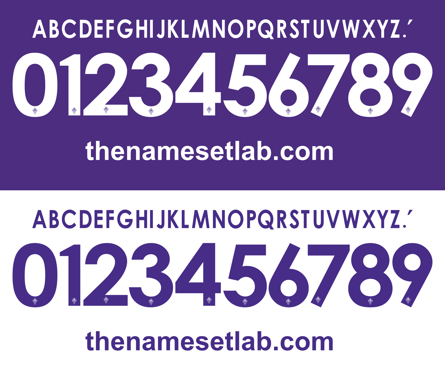 White and purple Fiorentina 2013-2014 Nameset font display with numbers and letters on a white background