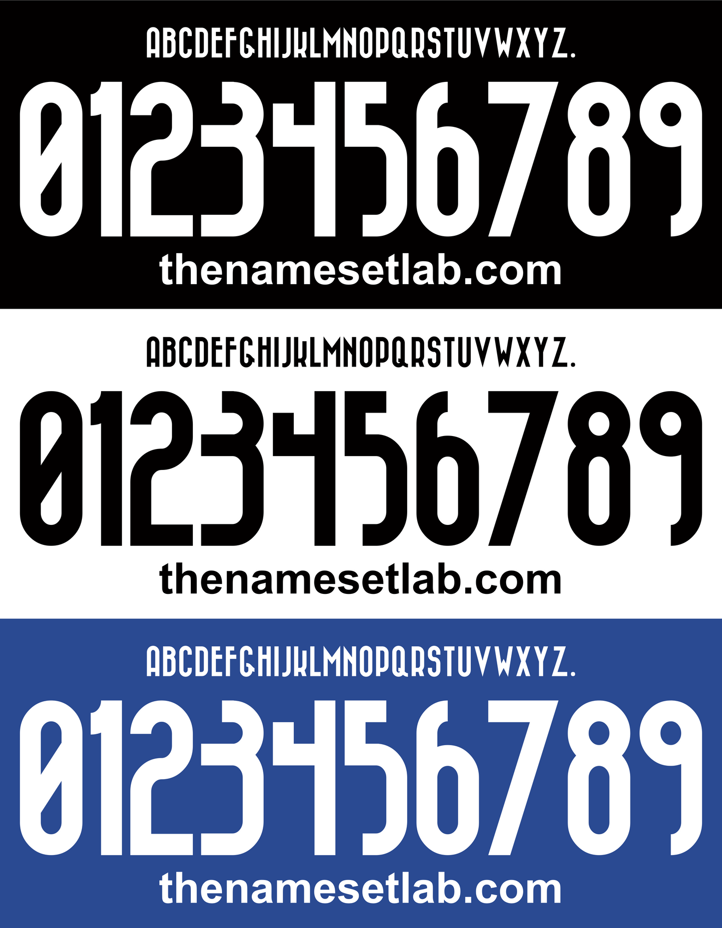 Three different Foggia 2017-2018 Nameset variations of a font with numbers and letters on a black, white, and blue background.