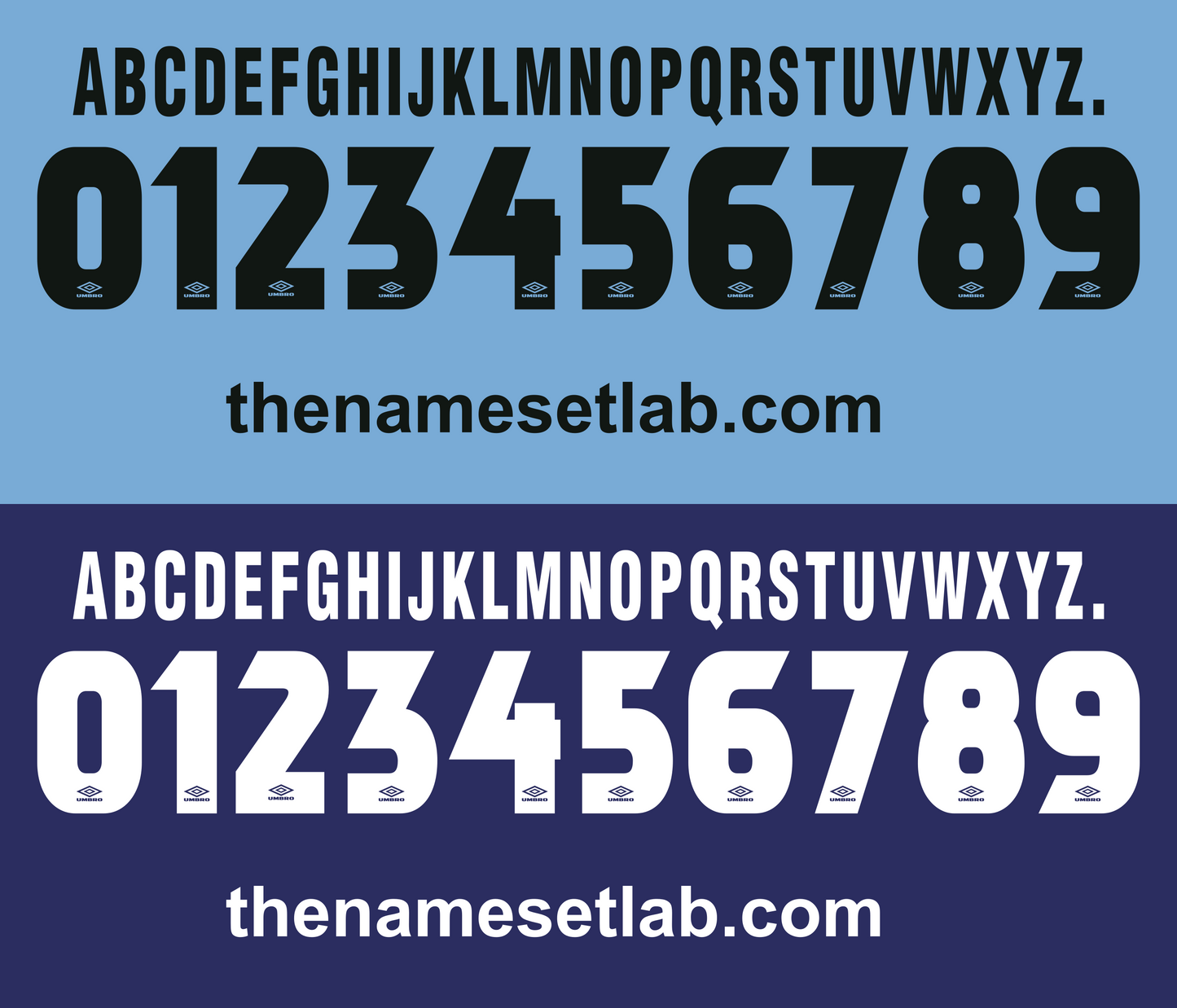 Black and white Lazio 1997-1998 Nameset alphabet and numbers on blue backgrounds with 'thenamesetlab.com' text.