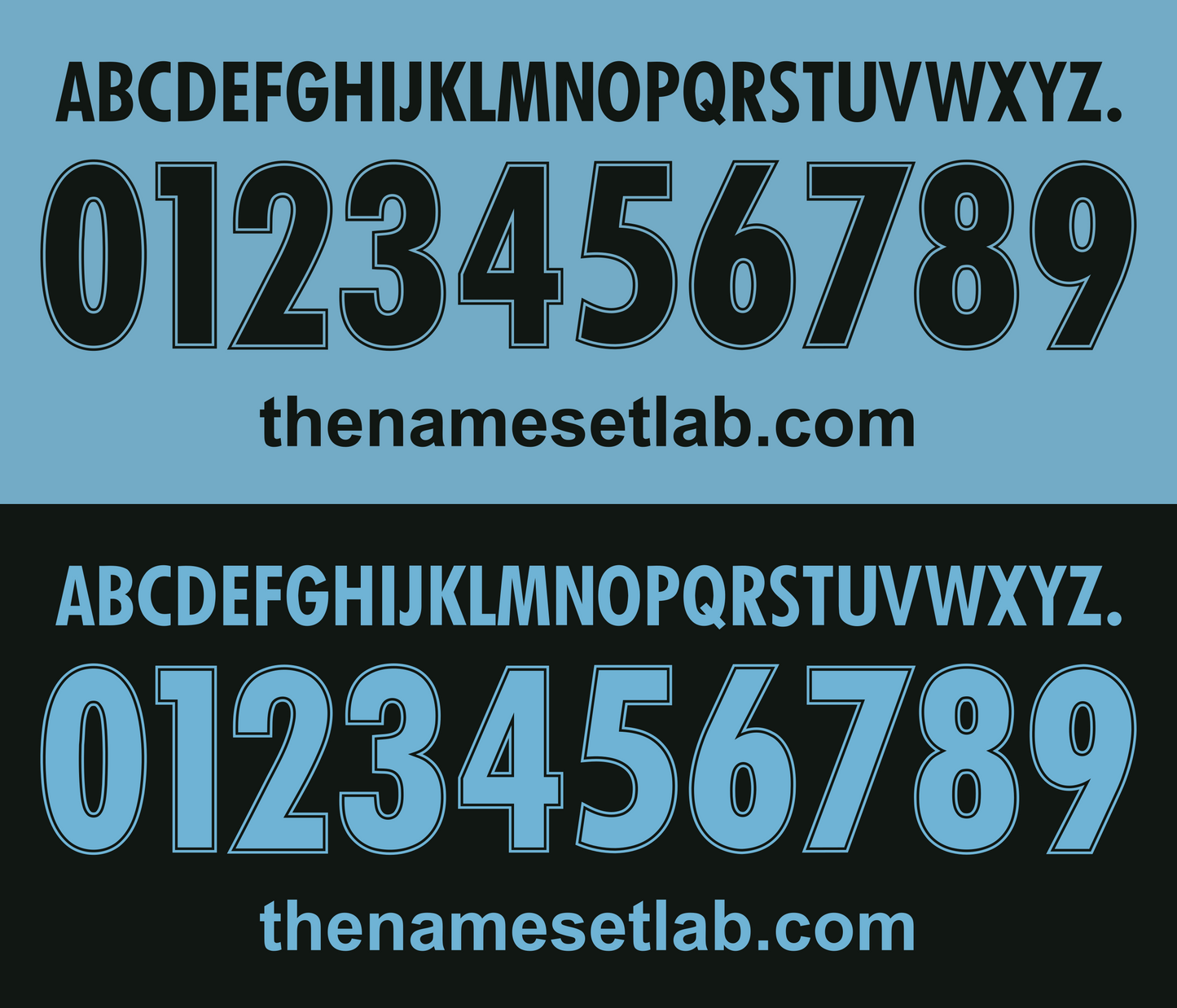 Black and blue Lazio 1998-2002 Nameset font display with letters and numbers on a gradient background
