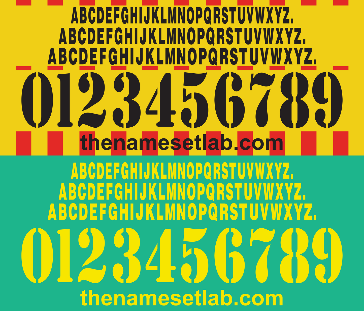 Display of Lecce 2002-2005 Nameset etters and numbers on a yellow and green background with 'thenamesetlab.com' branding.