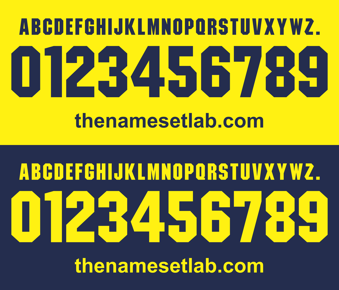 Modena 2016-2017 Nameset Alphabet and number set on yellow and blue backgrounds with 'thenamesetlab.com' text.