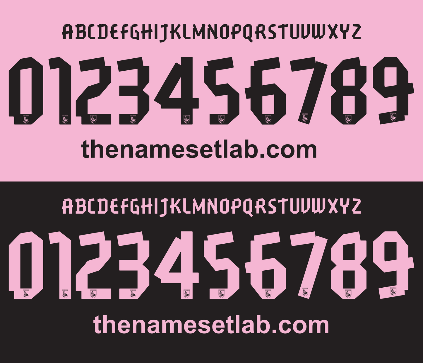 Black and pink Palermo 2012-2014 Nameset font display with numbers and letters on a pink and black background, respectively.