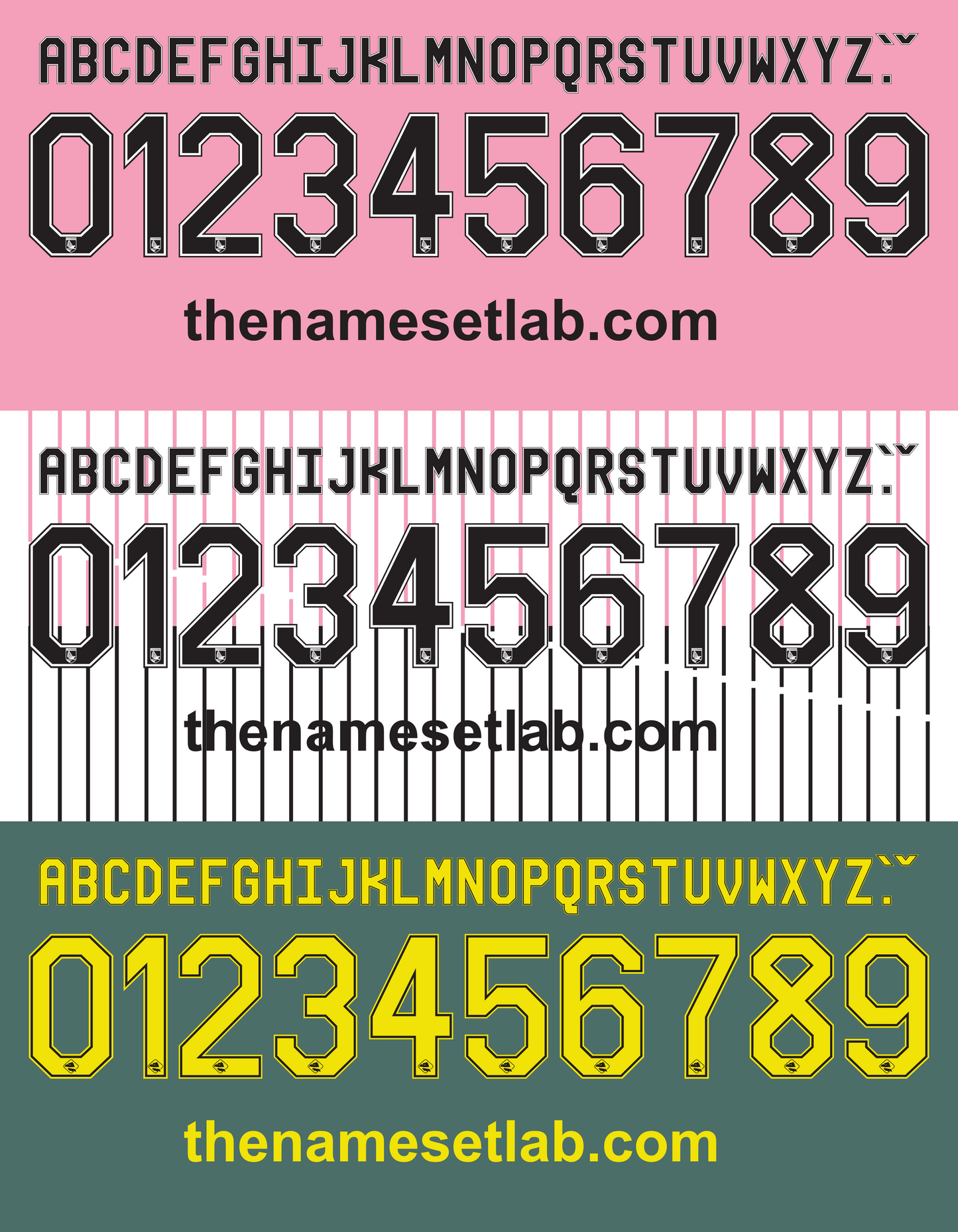 Set of Palermo 2015-2016 Nameset black, yellow, and white letters and numbers on pink, white, and green backgrounds with 'thenamesetlab.com' branding.