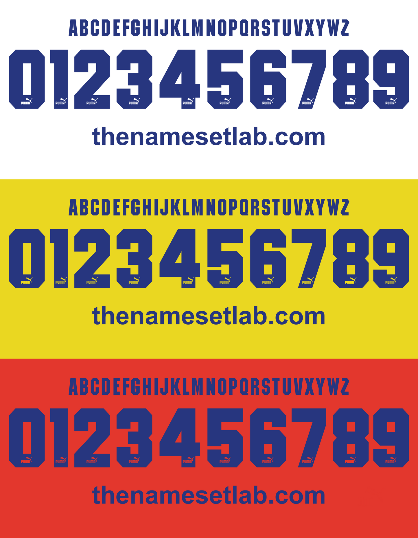 Set of Parma 1995-1996 Nameset blue letters and numbers on white, yellow, and red backgrounds with 'thenamesetlab.com' text.