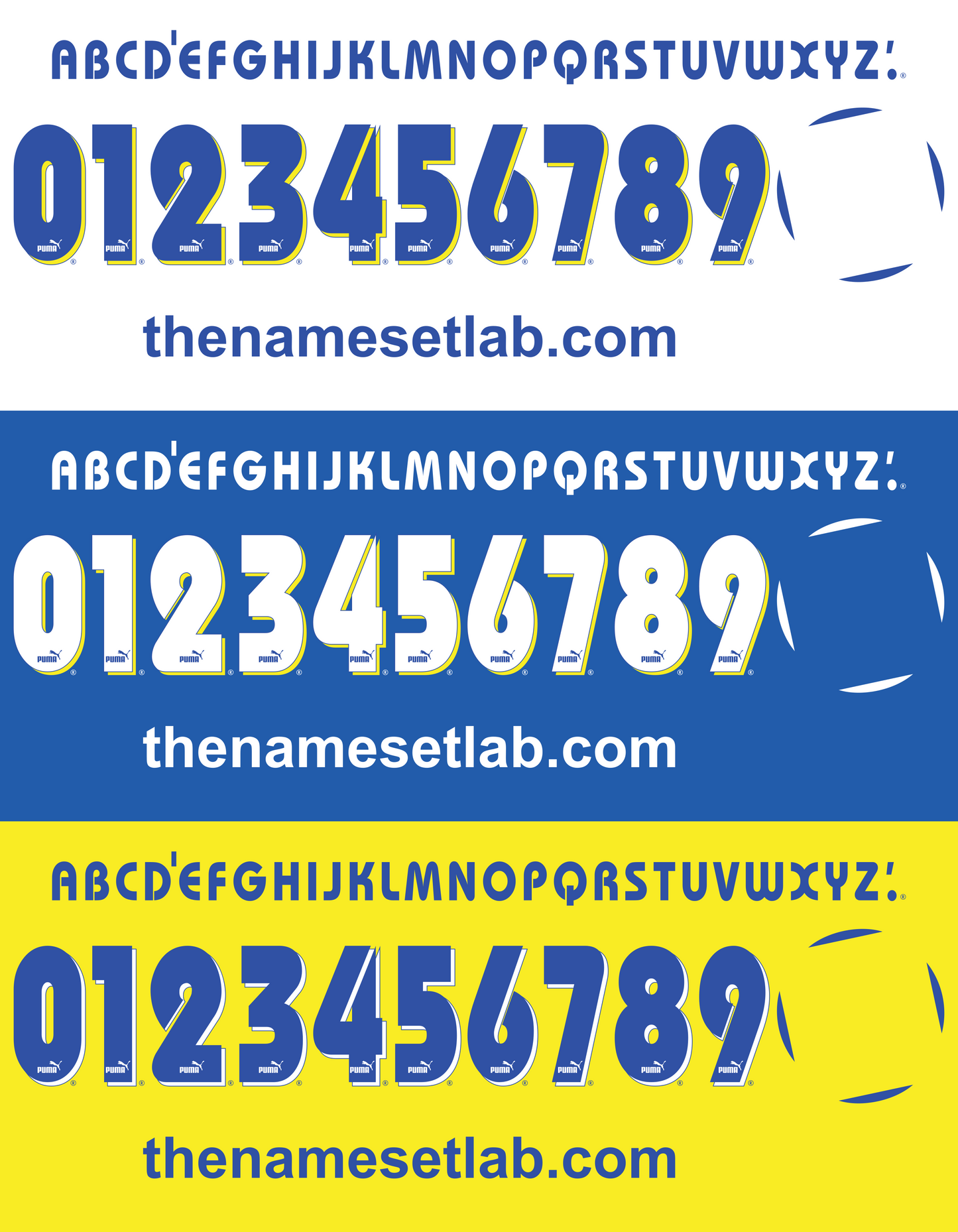 Three Parma 1996-1998 Nameset swatches with text 'the namesetlab.com' on a white, blue, and yellow background.