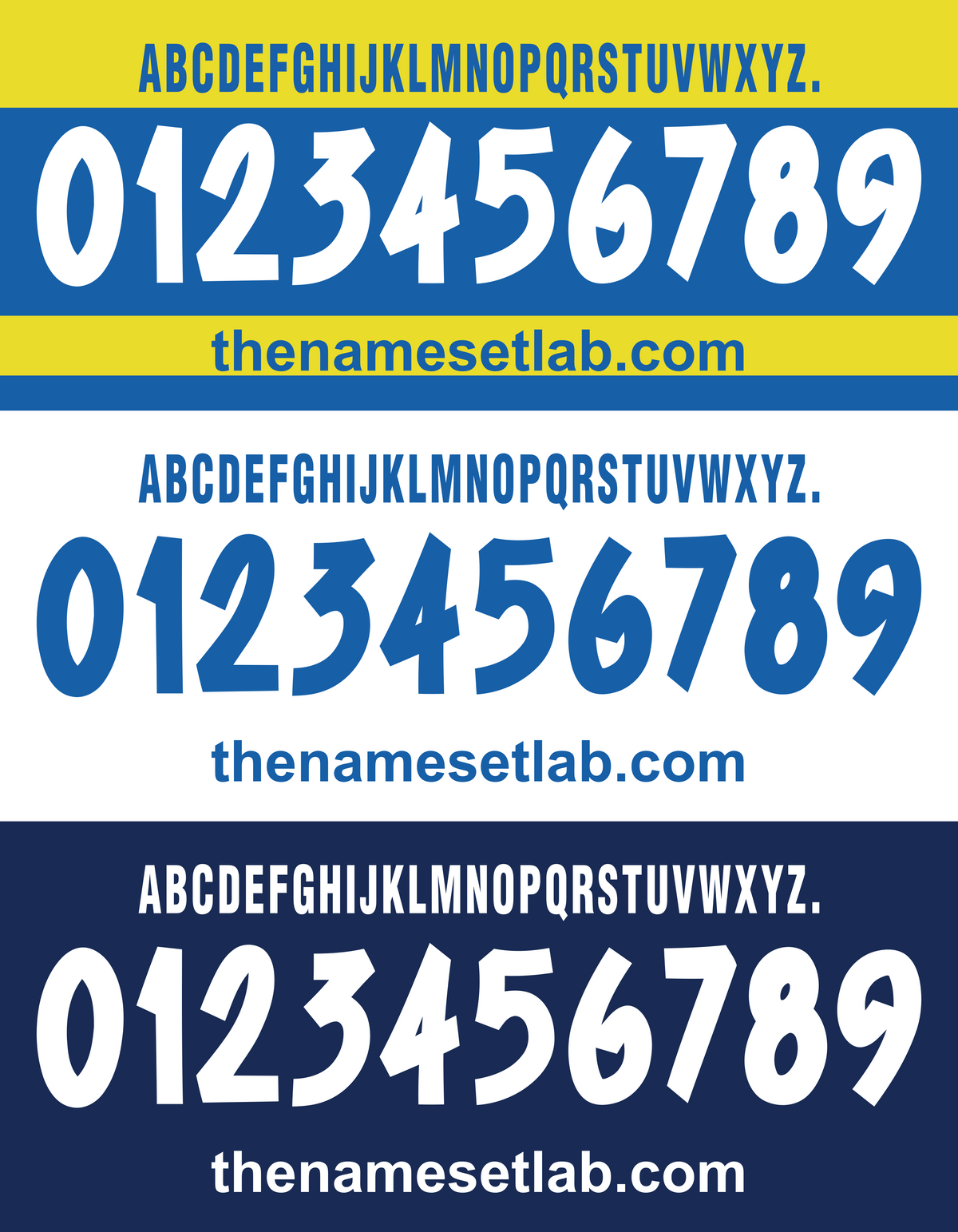 Three Parma 1999-2000 Nameset font samples with letters and numbers on different colored backgrounds.
