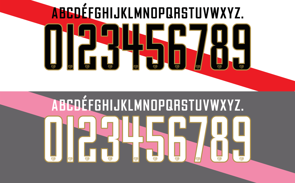 Two sets of black and gold numbers and letters on a striped background. Rayo 2015-2016 Nameset Mockup