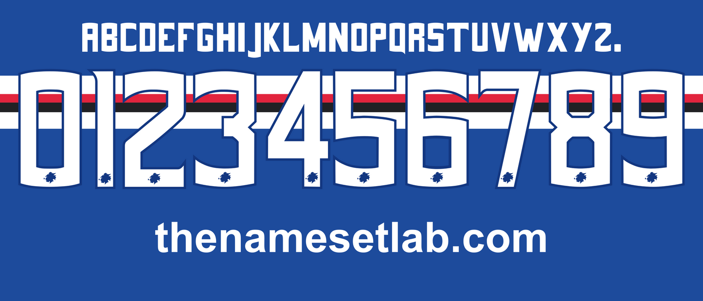 Sampdoria 2017-2018 Nameset Alphabet and number set with red and blue stripes on a blue background, featuring 'thenamesetlab.com'.