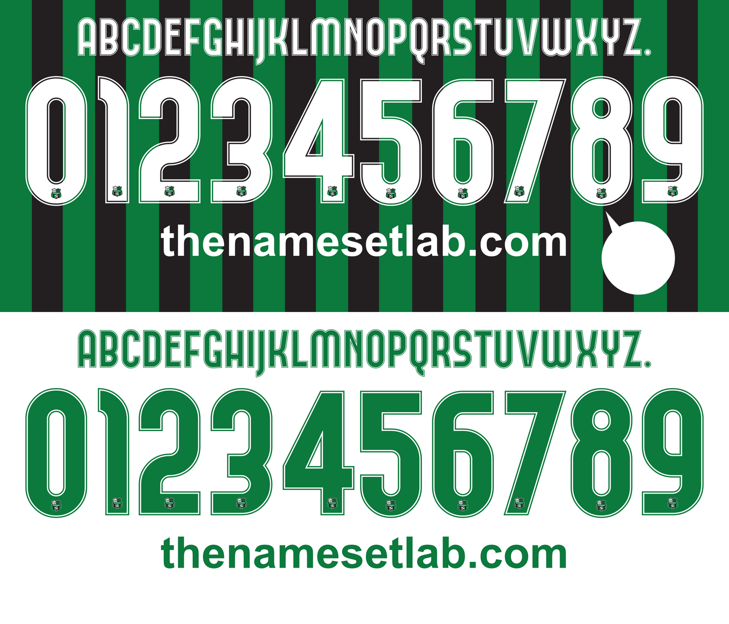 White and green Sassuolo 2013-2014 Nameset text on a striped background with 'thenamesetlab.com' branding.