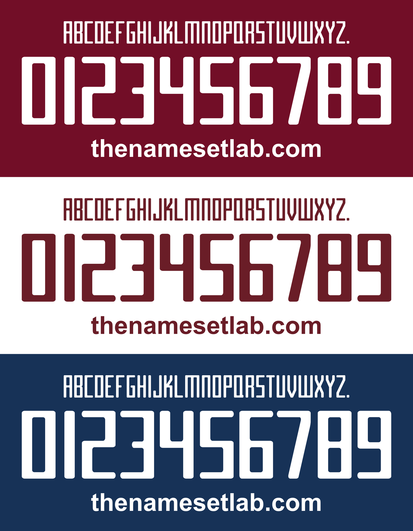 Three instances of a Torino 2015-2017 Nameset font display with numbers and 'thenamesetlab.com' on a red, white, and blue background.