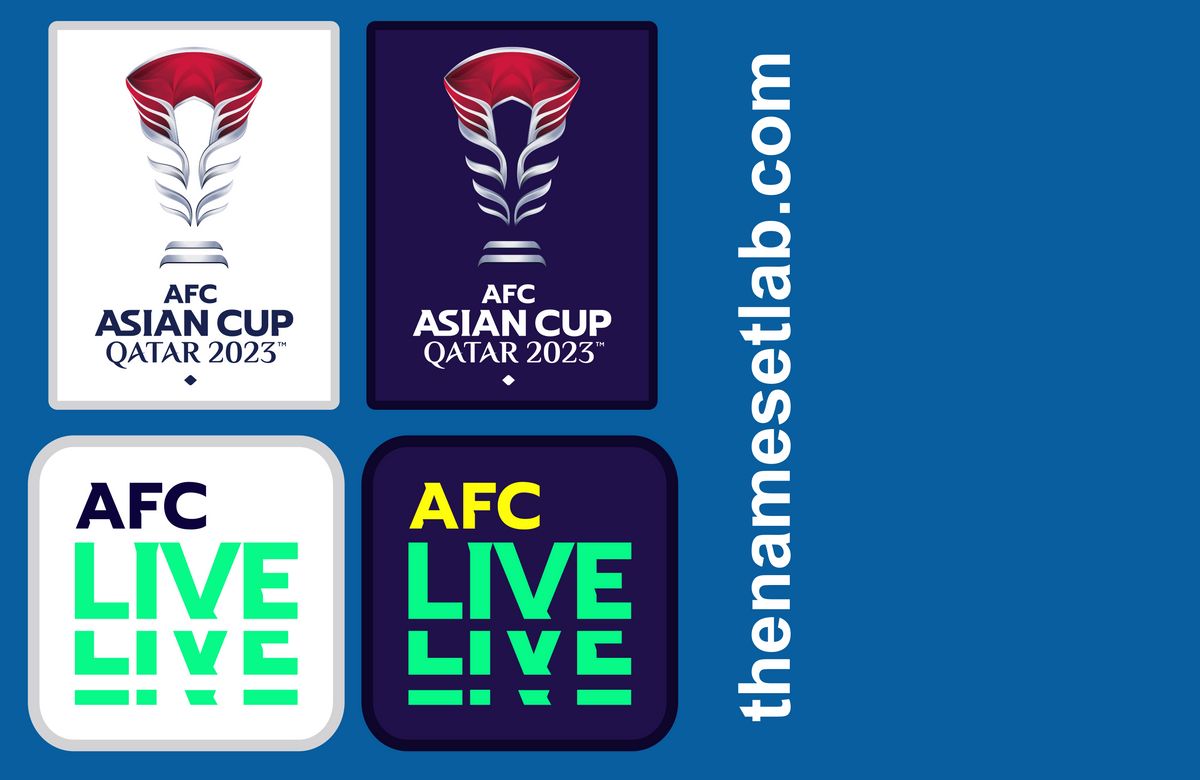 Four logos for AFC Asian Cup and AFC Live on a blue background with 'thenamesetlab.com' text.
