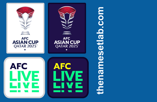 Four logos for AFC Asian Cup and AFC Live on a blue background with 'thenamesetlab.com' text.