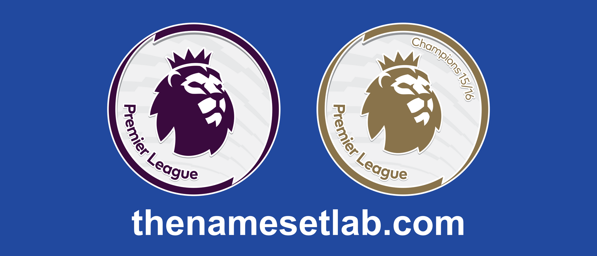Two Premier League logos on a blue background with 'thenamesetlab.com' text.