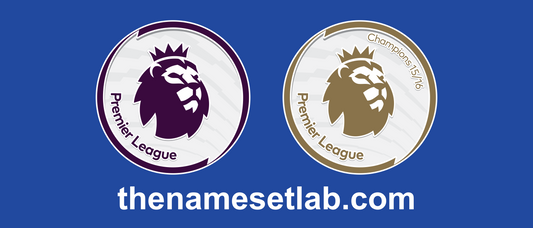 Two Premier League logos on a blue background with 'thenamesetlab.com' text.