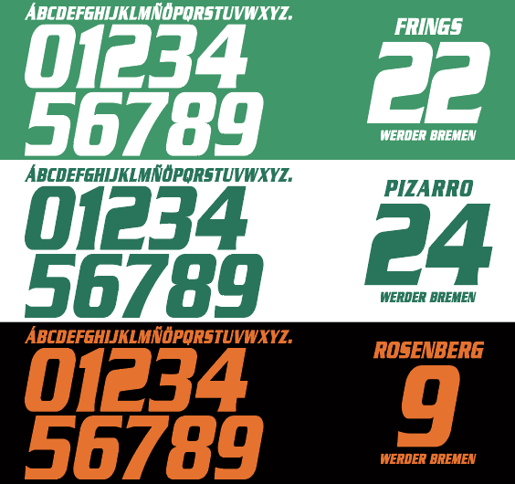Set of Bremen 2008-2009 Nameset numbers and names on a green, black, and orange background for the home away and third shirt