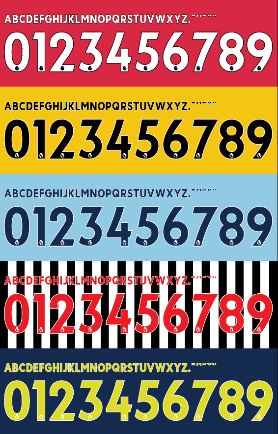 English Premier League 2017–2023 Nameset Vector showing all 5 colour swatches 