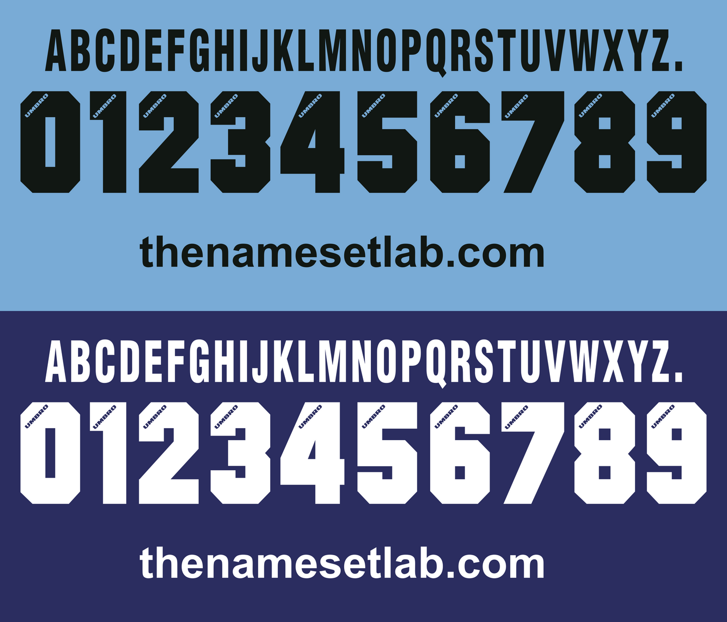 Black and white Lazio 1996-1997 Nameset font display with numbers on a blue background, featuring 'thenamesetlab.com'.