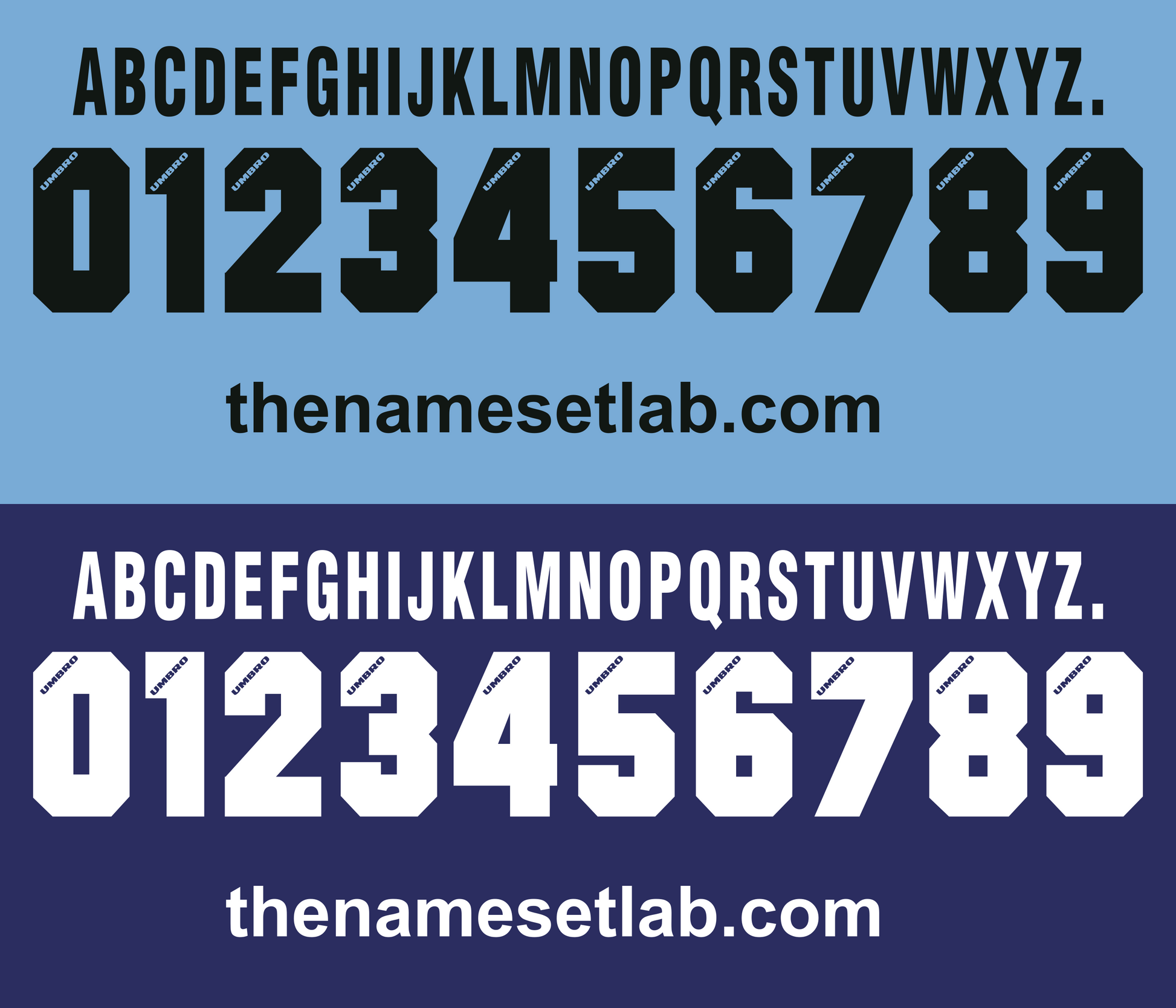 Black and white Lazio 1996-1997 Nameset font display with numbers on a blue background, featuring 'thenamesetlab.com'.