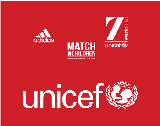 Red background with logos of Adidas, Match for Children, and UNICEF