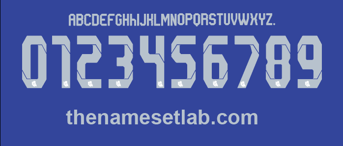 Real Sociedad 2013-2014 Nameset in sliver on a blue background with 'thenamesetlab.com' text.