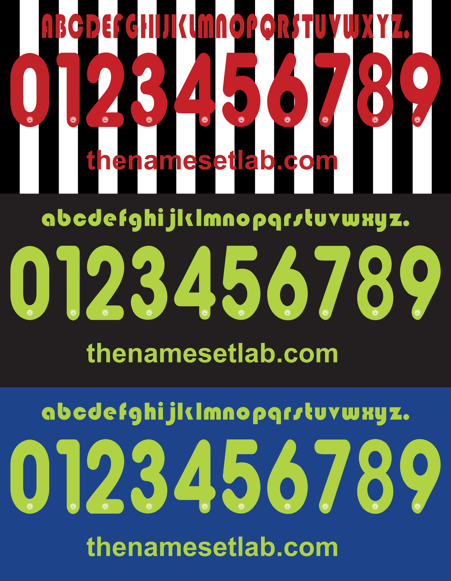 Colorful Udinese 2012-2013 Nameset alphabet and number set with 'the namesetlab.com' branding on a striped background.