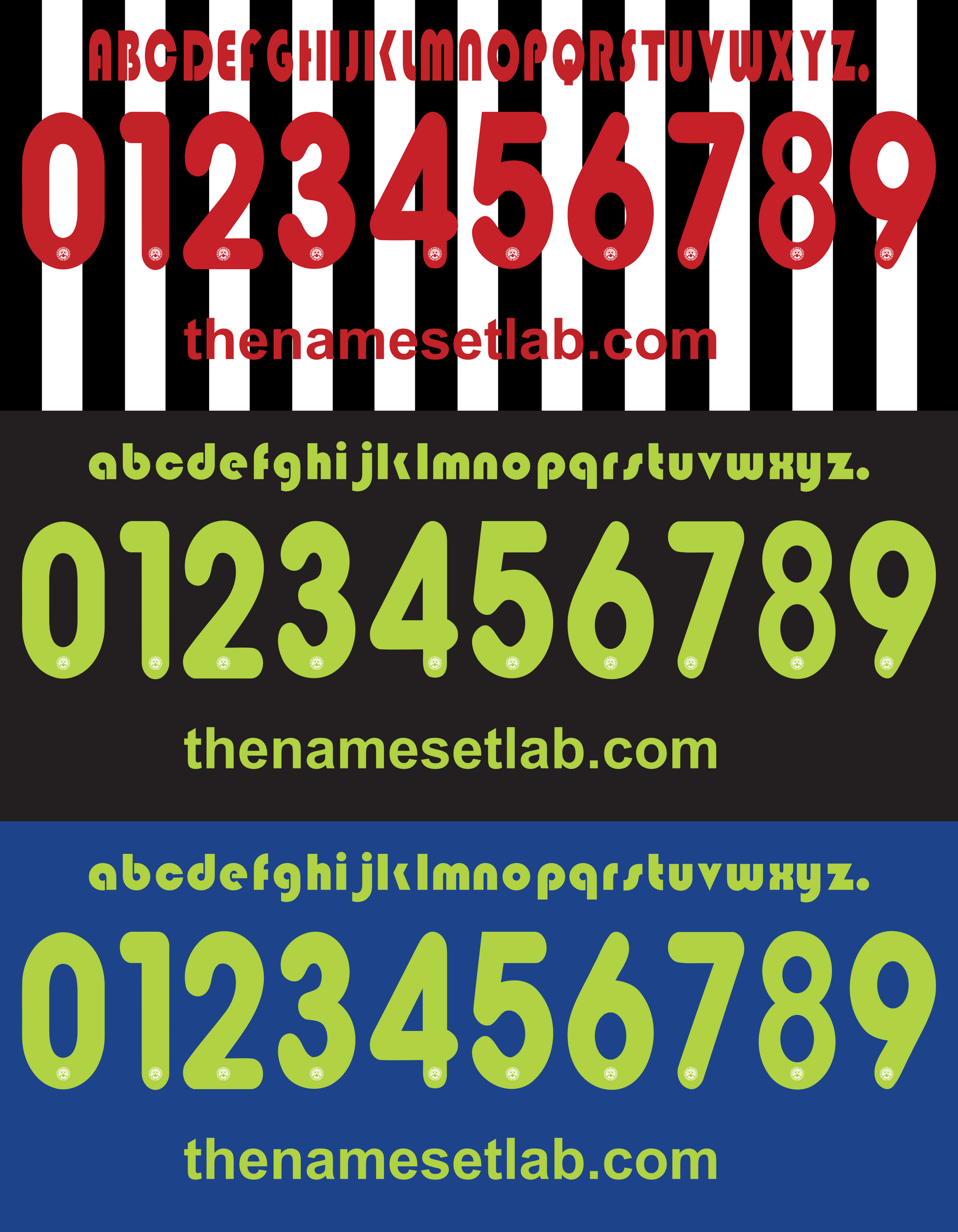 Colorful Udinese 2012-2013 Nameset alphabet and number set with 'the namesetlab.com' branding on a striped background.