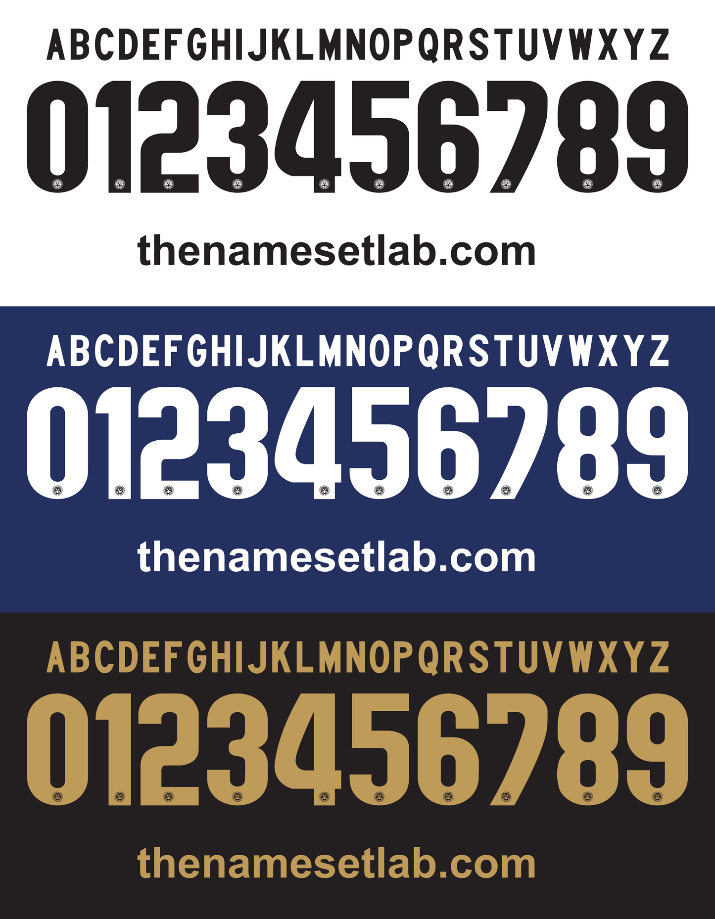 Three sets of Udinese 2014-2015 Nameset black, white, and gold letters and numbers on a white background with 'thenamesetlab.com' branding.