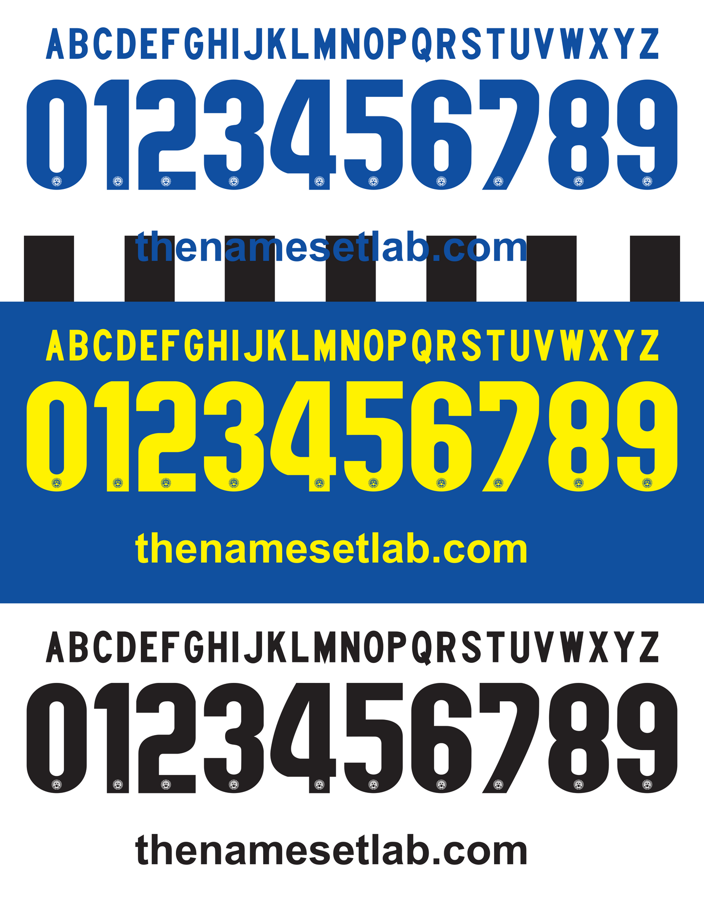 Three sets ofUdinese 2015-2016 Nameset  blue, yellow, and black letters and numbers on a white background with 'thenamesetlab.com' branding.