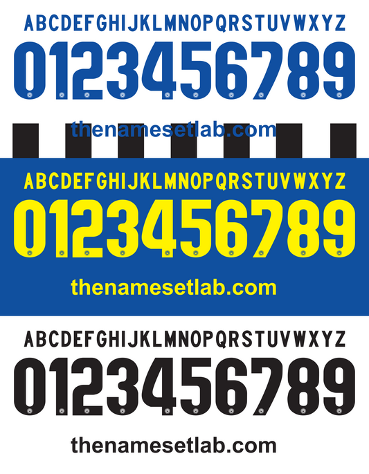 Three sets ofUdinese 2015-2016 Nameset  blue, yellow, and black letters and numbers on a white background with 'thenamesetlab.com' branding.