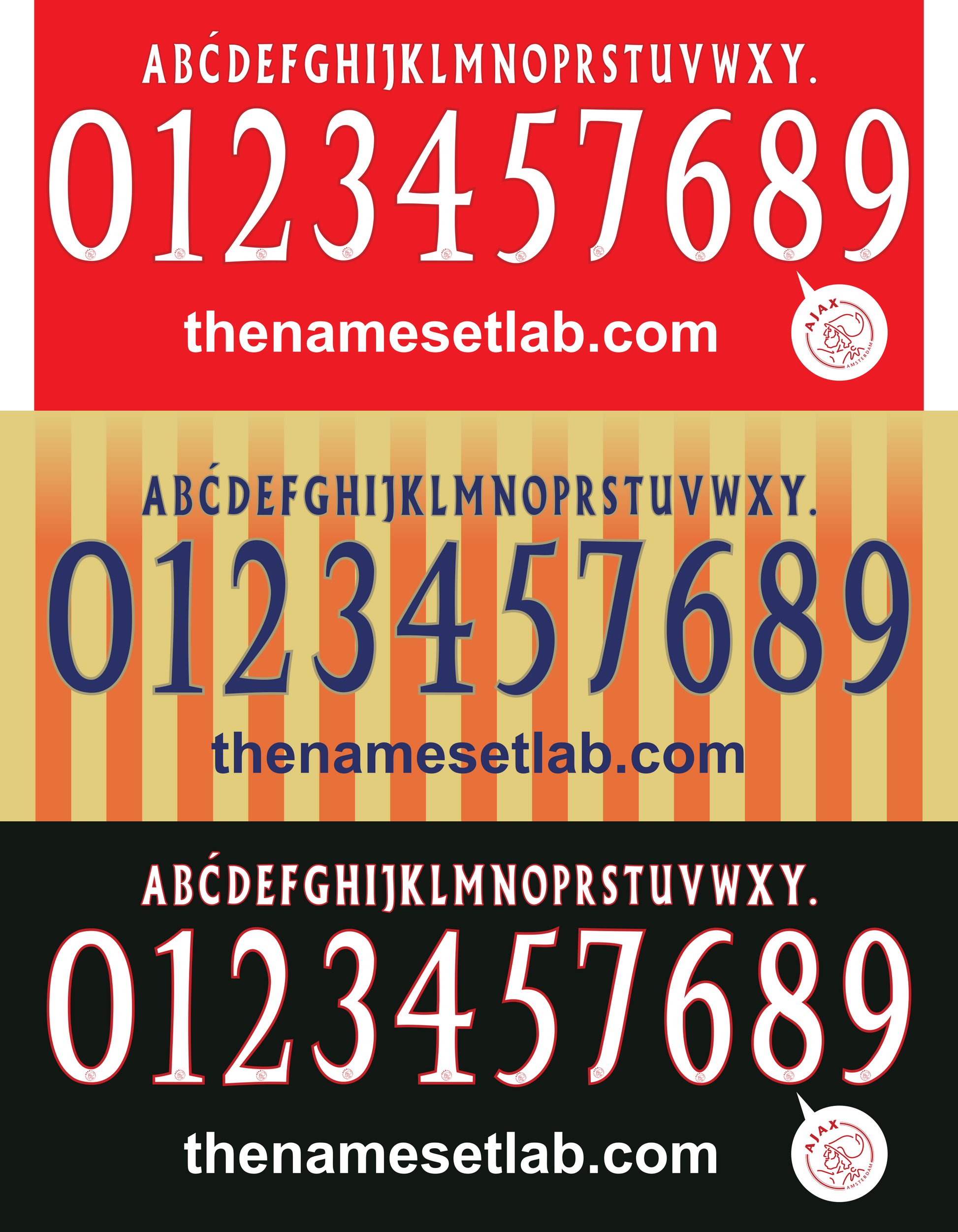 Three sets of numbers and letters of the Ajax 2004–2006 Nameset on different colored backgrounds with 'thenamesetlab.com' branding.