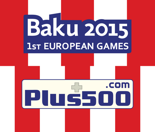 Baku 2015 1st European Games logo with Plus500.com on a red and white striped background