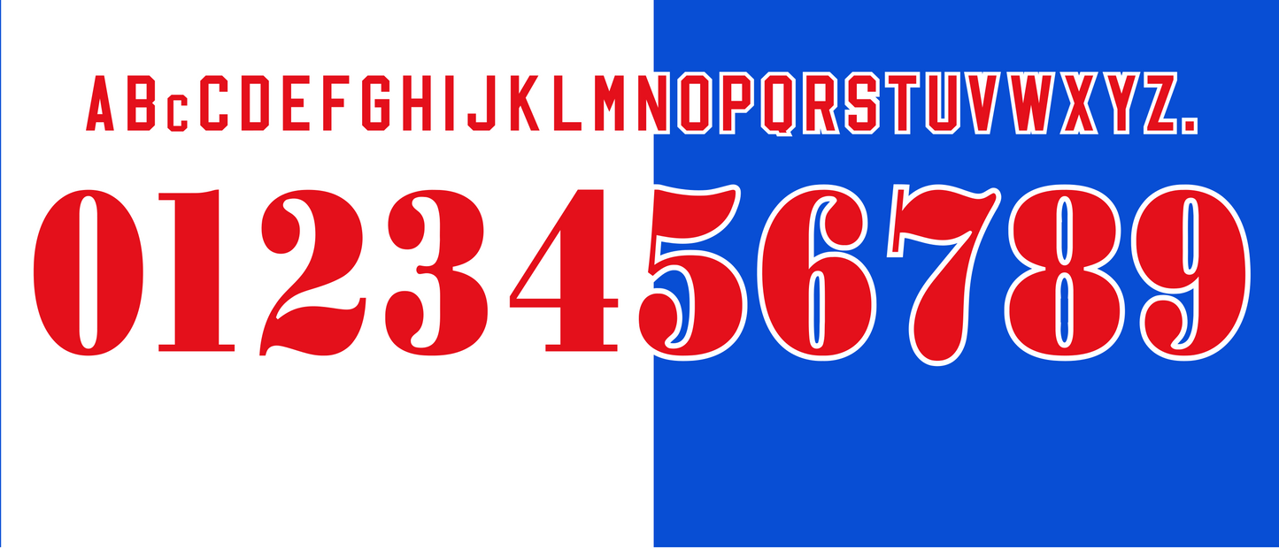 Blackburn Rovers 1996-1997 nameset Classic Premier font vector design
- A Alphabet and number set on a white background with red text and blue square.