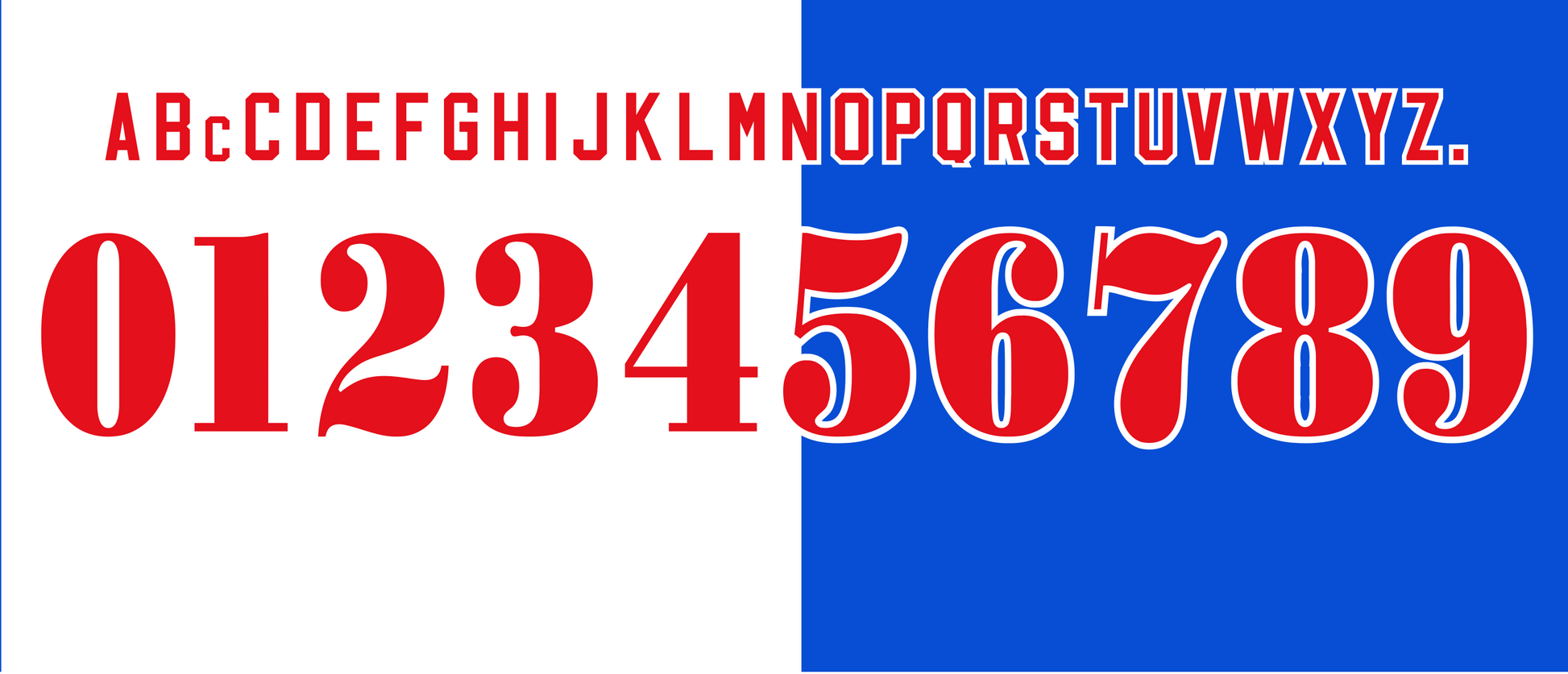 Blackburn Rovers 1996-1997 nameset Classic Premier font vector design
- A Alphabet and number set on a white background with red text and blue square.