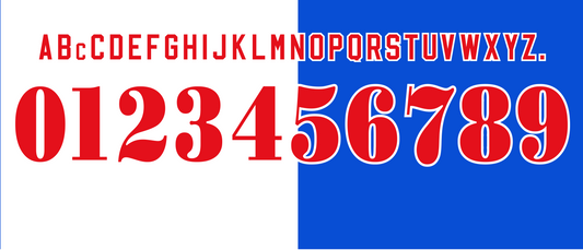 Blackburn Rovers 1996-1997 nameset Classic Premier font vector design
- A Alphabet and number set on a white background with red text and blue square.