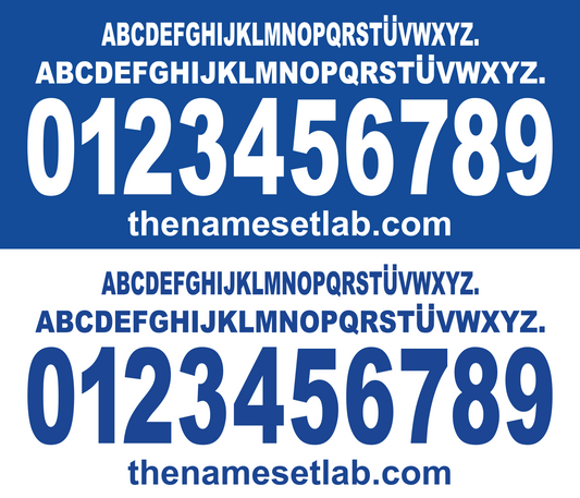 White and blue font display with the Brescia 2000-2001 Nameset and website URL on a blue background
