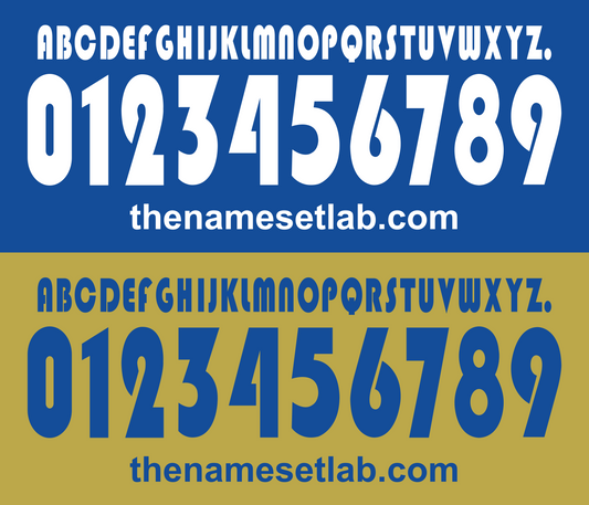 Two sets of white and blue letters of the Brescia 2001-2002 Nameset on a blue and yellow background with 'thenamesetlab.com' text.