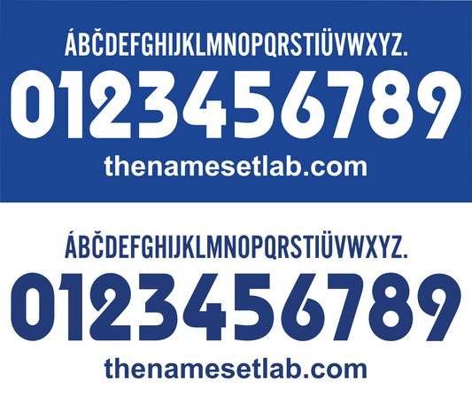 Alphabet and number set of the Brescia 2002-2003 Nameset with 'the namesetlab.com' branding on a blue and white background.