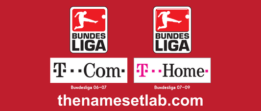 Two Bundesliga logos and two T-Com logos on a red background with text.