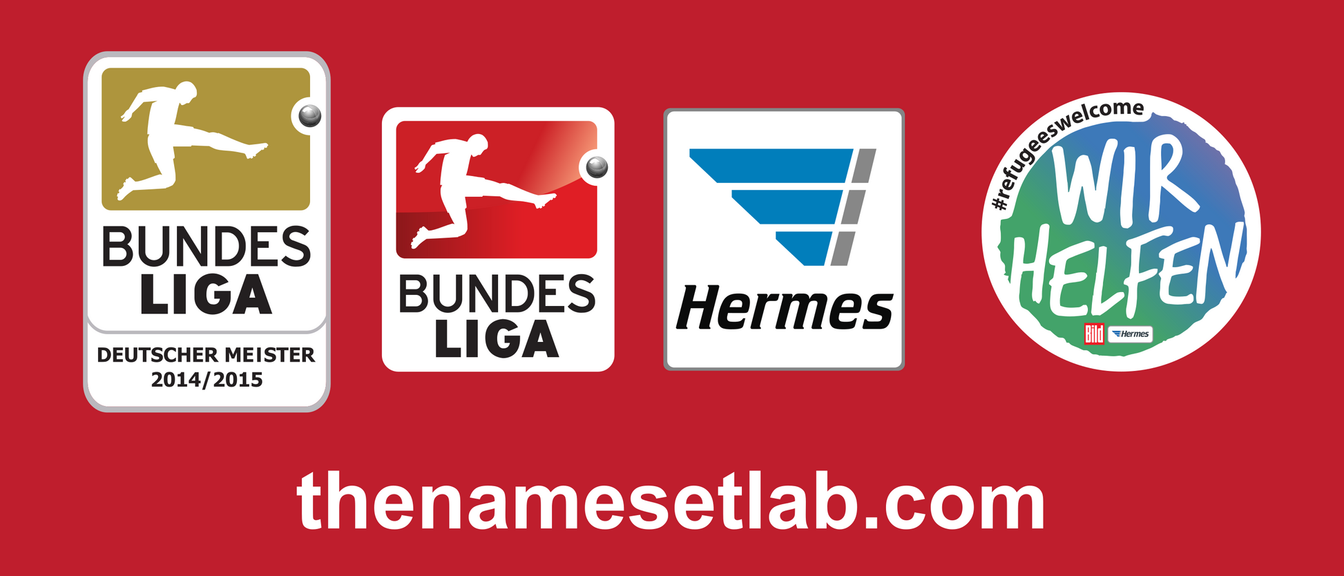 Logos of Bundesliga, Hermes, and other entities on a red background with 'thenamesetlab.com' text.