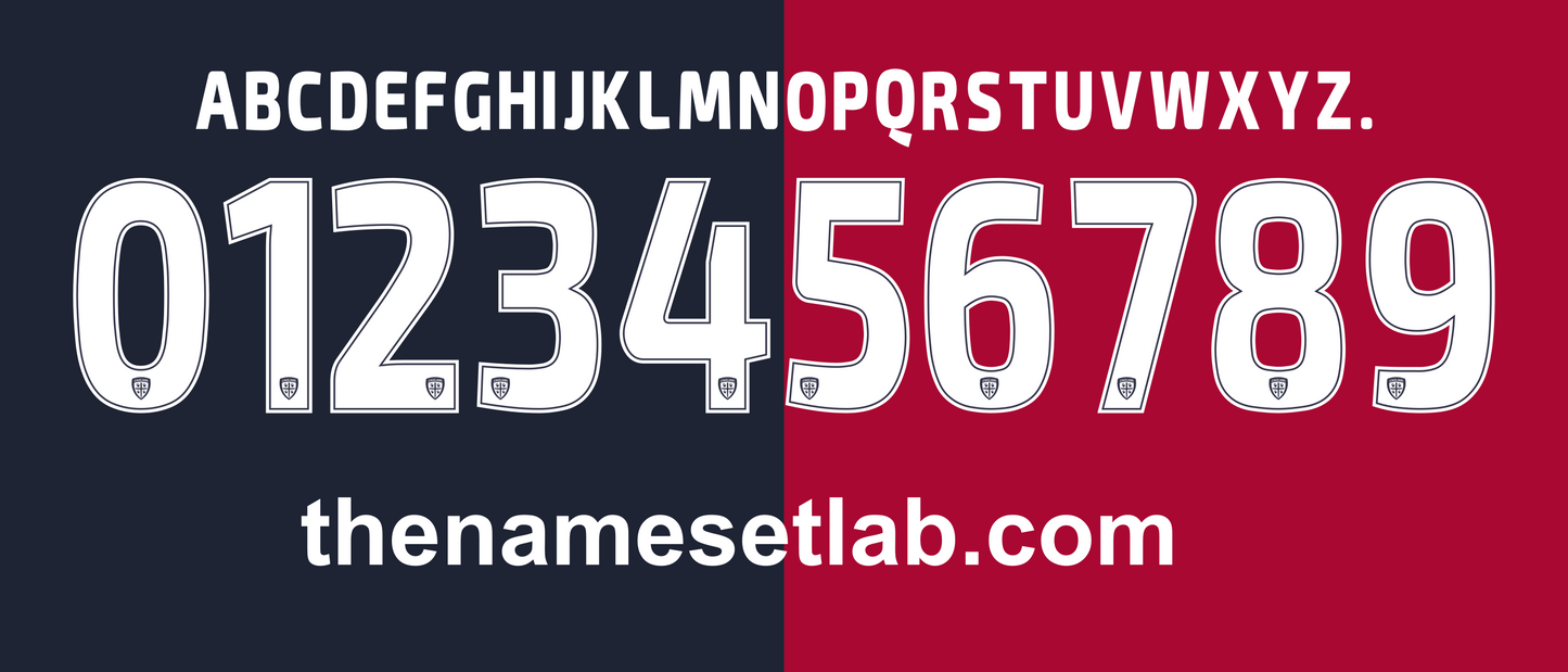 Alphabet and Cagliari 2017-2018 Nameset with 'the namesetlab.com' branding on a red and black background.