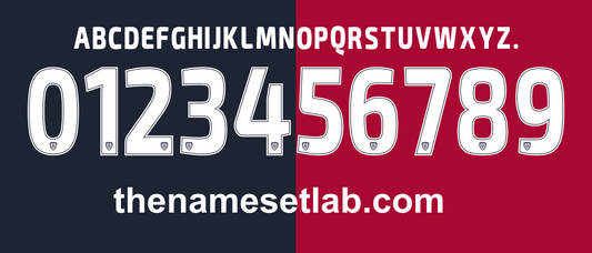 Alphabet and Cagliari 2017-2018 Nameset with 'the namesetlab.com' branding on a red and black background.