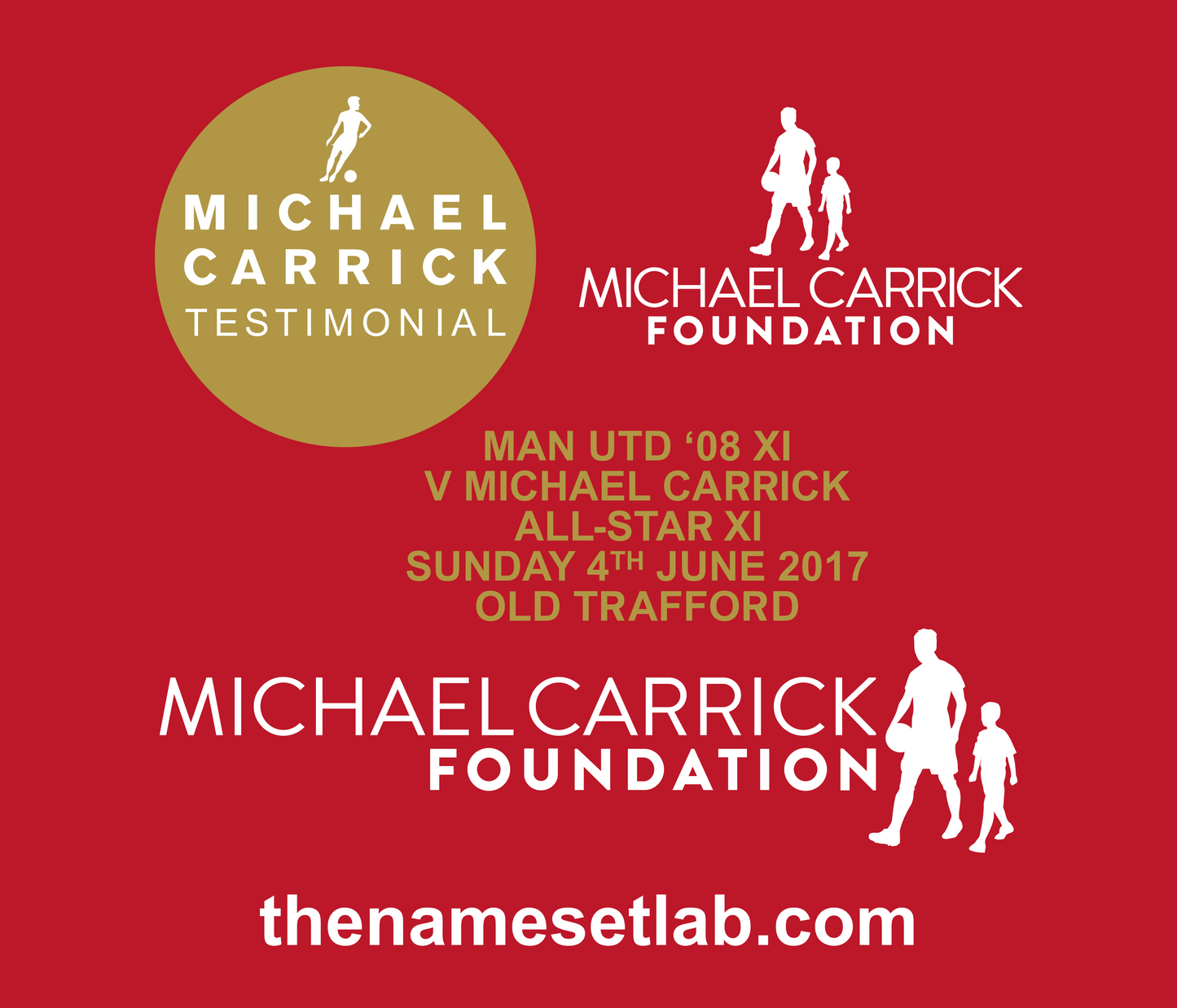 Promotional vector pritnt for the Michael Carrick Testimonial event with logos and event details on a red background.
